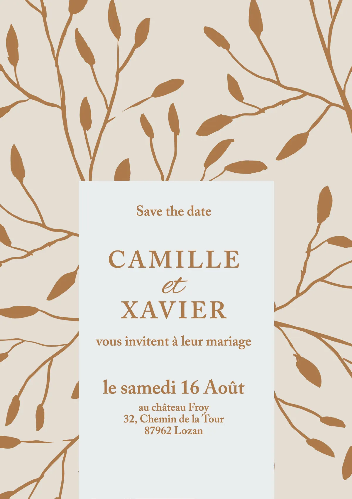 Beige brown Illustrated plants Save the date Wedding Invitation