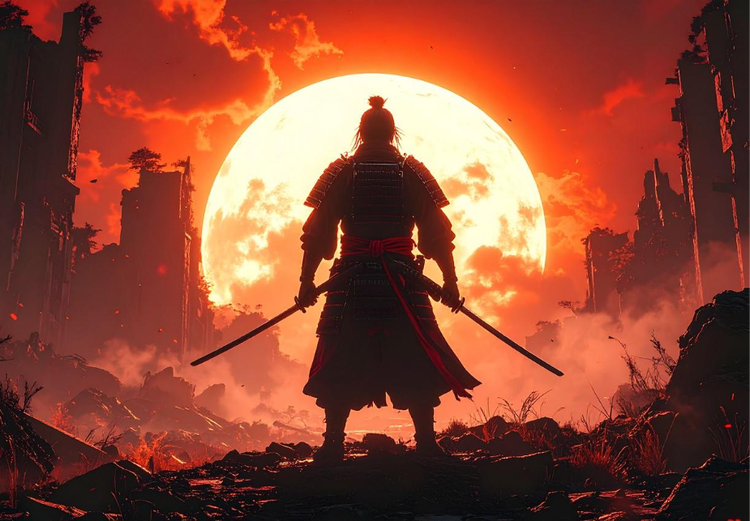 Image générée par&nbsp;IA montrant la silhouette d’un samouraï en contre-jour devant un paysage en ruines et un portail circulaire lumineux, avec un prompt Firefly décrivant la scène en incrustation