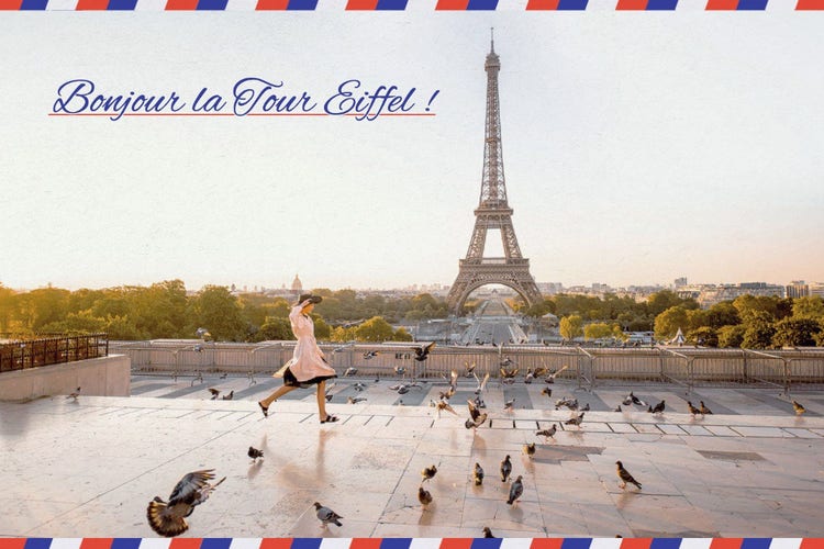 blue and red eiffel tower postcard