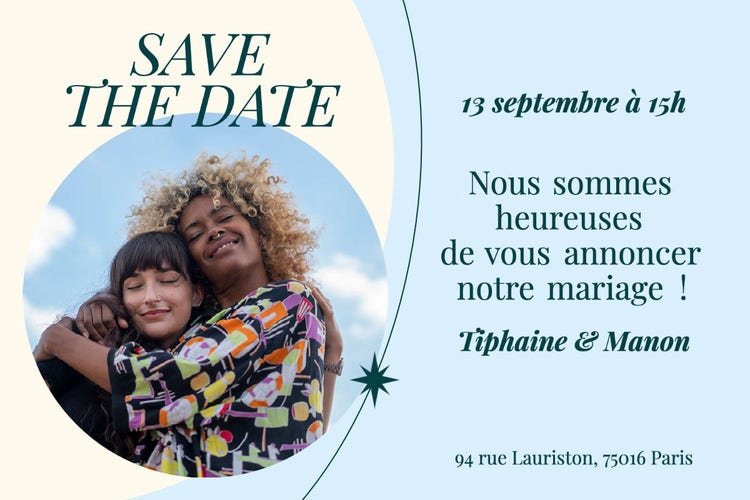 light blue women couple save the date postcard