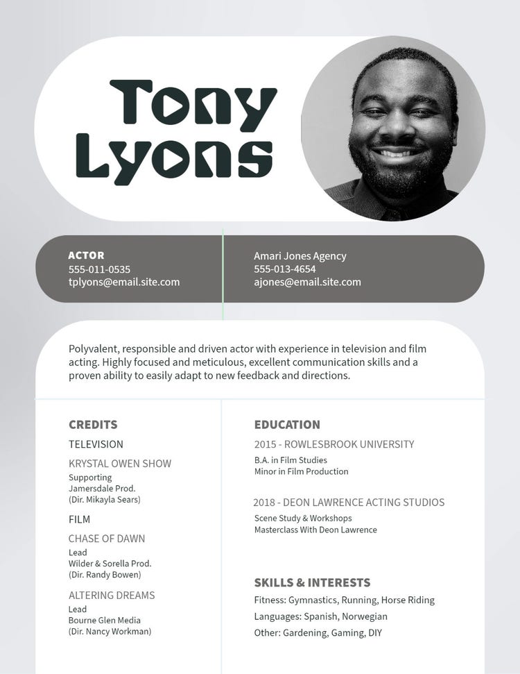 Grey And White Rounded Rectangle Acting Resume