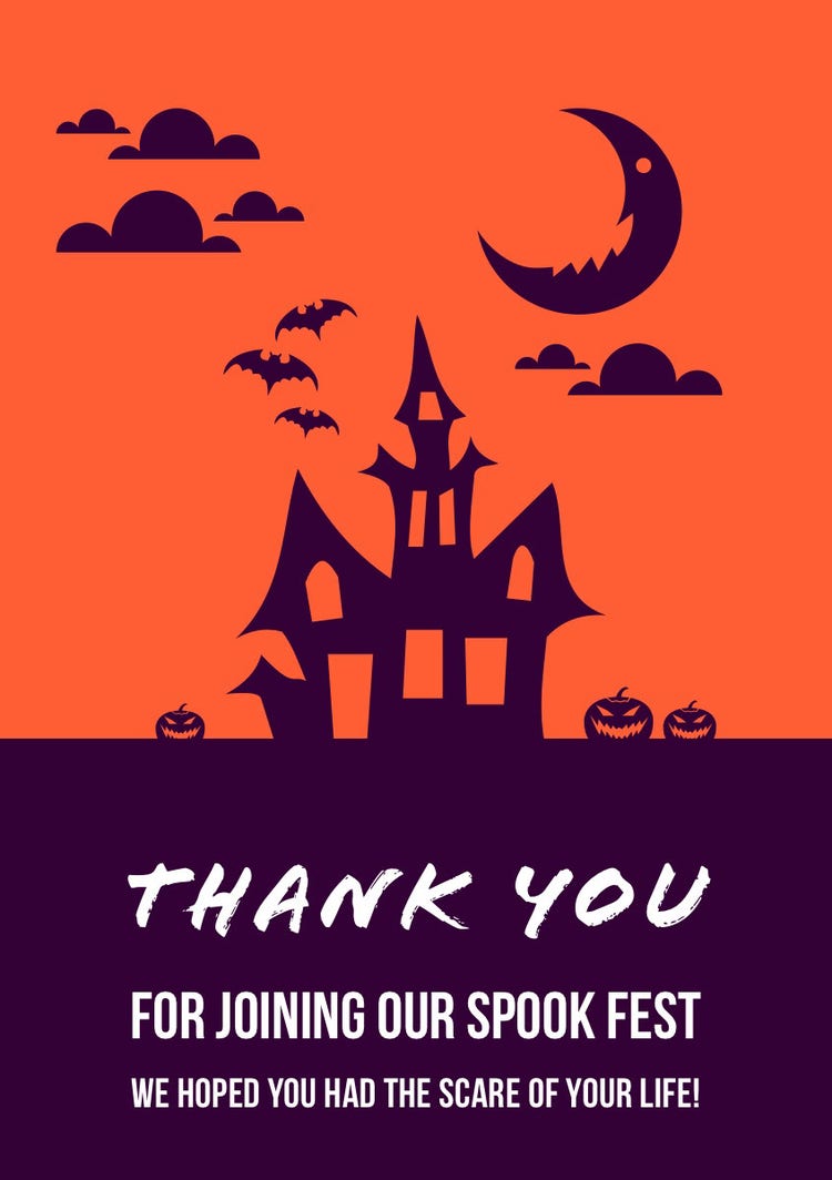 Purple And Orange Haunted House Halloween Party Thank You Card