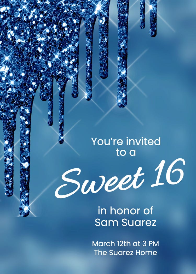 Blue Glitter Sweet Sixteen Invitation