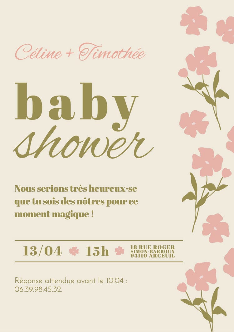Floral green and pink baby shower invitation