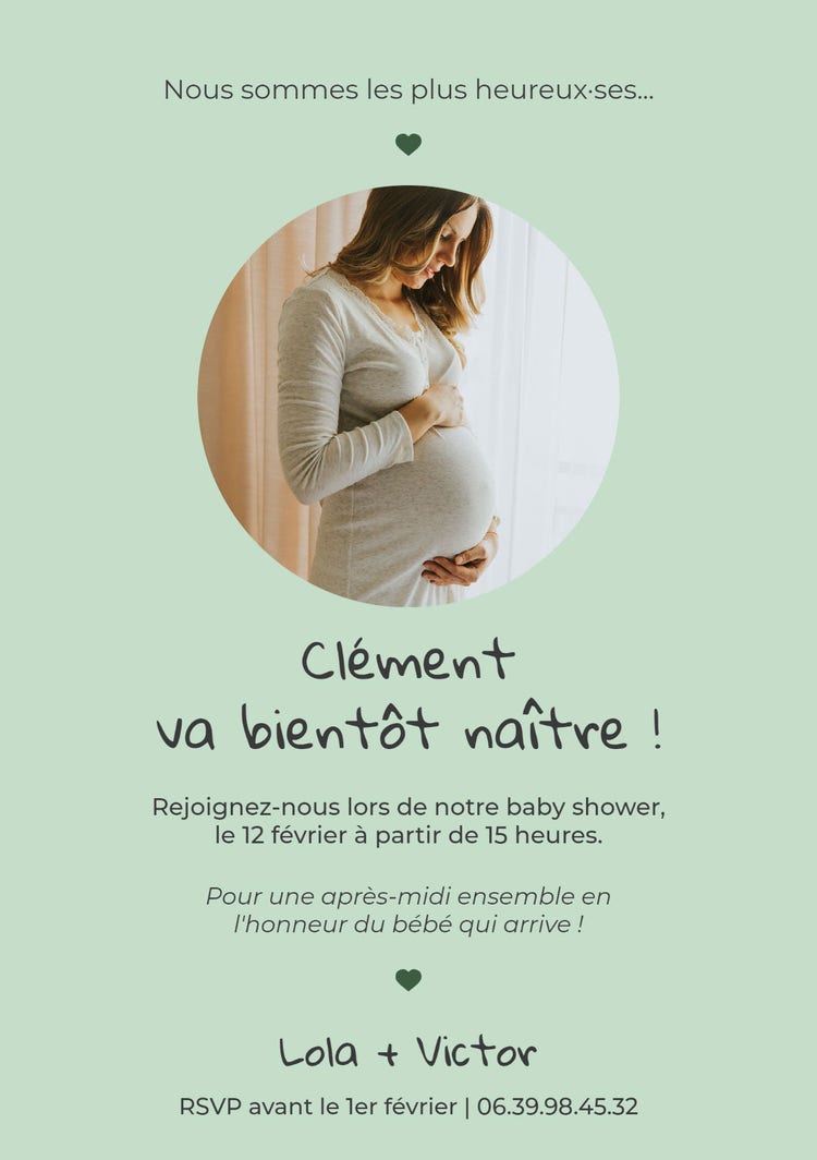 light green pregnant belly portrait baby shower invitation