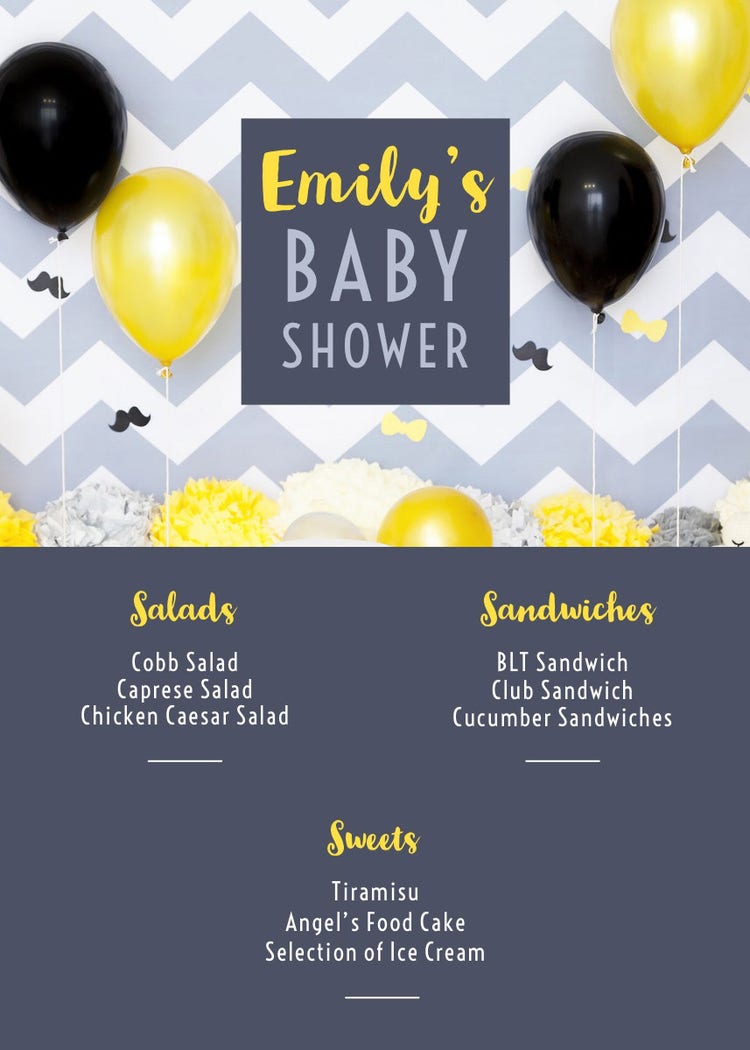 Blue and Yellow Balloons Cute Baby Shower Menu