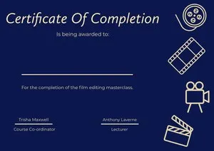 Blue and Yellow Illustrated Certificate of Film Editing Class Completion Certificate