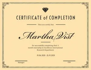 Yellow Art Deco Internship Completion Certificate Certificate