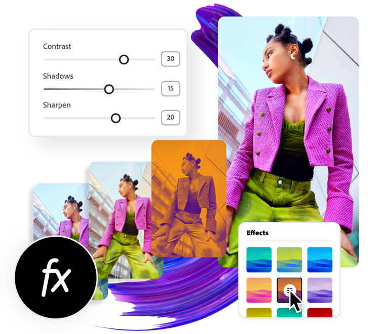 A picture of a person posing in a colorful outfit, enhanced with filters from Adobe Express.