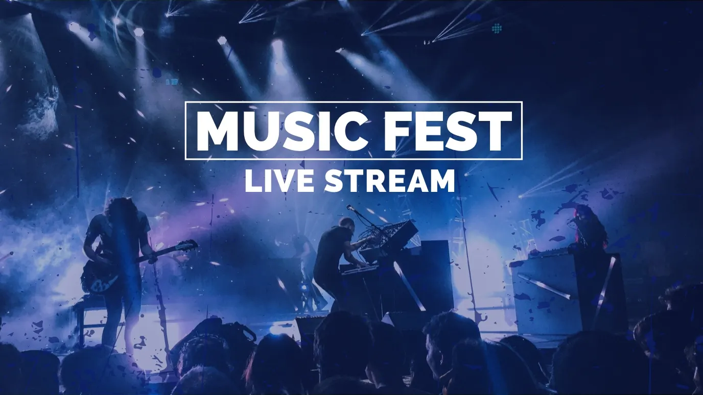 Blue Music Festival Live Stream YouTube Thumbnail with Band on Stage