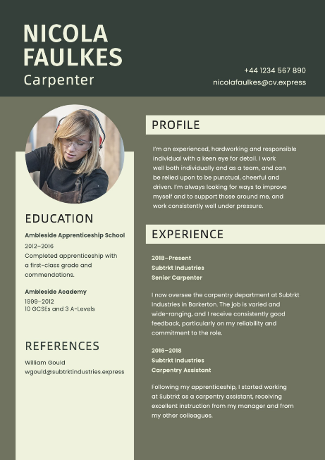 Green and brown resume for a carpenter with a sans serif font