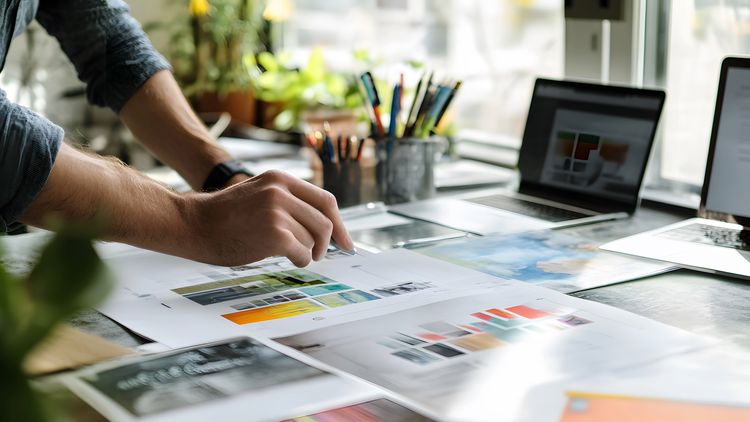 A table is covered with various print-outs and color palettes. A pair of hands hover above the table.