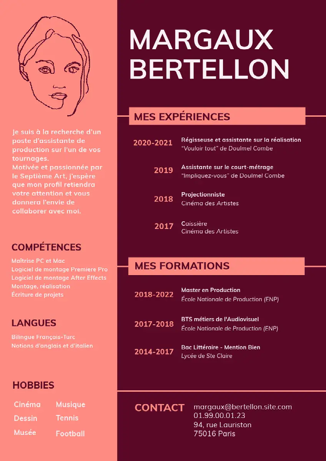 A red and pink cv with text and a face Description automatically generated with medium confidence