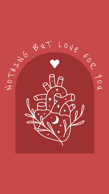 « Rien que de l'amour pour toi » avec le contour d'un cœur humain avec des étoiles, un croissant de lune, des feuilles et un cœur sur fond rouge