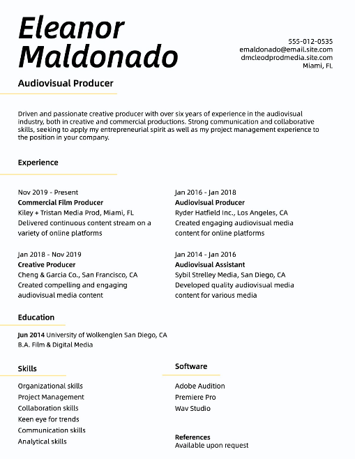Black and white resume for an audiovisual producer with a sans serif font