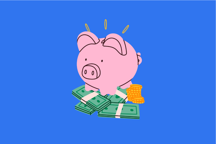 How to make money pinterest header Illustration of a piggy bank with illustrated bank notes and coins over an opaque blue background.