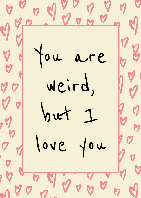 « Tu es bizarre, mais je t'aime » écrit dans une boîte avec plein de petits cœurs roses éparpillés à l'extérieur de la boîte