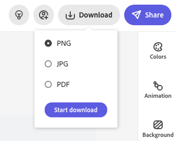 Graphical user interface of Adobe Express showing a button to download the project as an image or pdf.