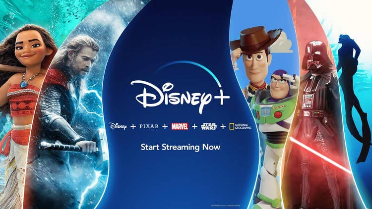 A Disney+ marketing campaign with characters from various Disney movies – Moana, Thor, Woody, Buzz Lightyear, Darth Vader, and a scuba diver
