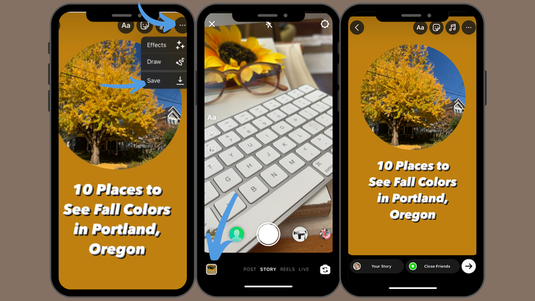 Save Instagram Story Three slides showcase how to save an Instagram Story side for later