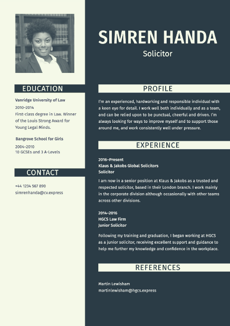 Blue and white resume for a solicitor with a sans serif font