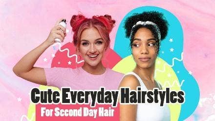 "Cute Everyday Hairstyles For Second Day Hair" YouTube thumbnail with two people posing with updos