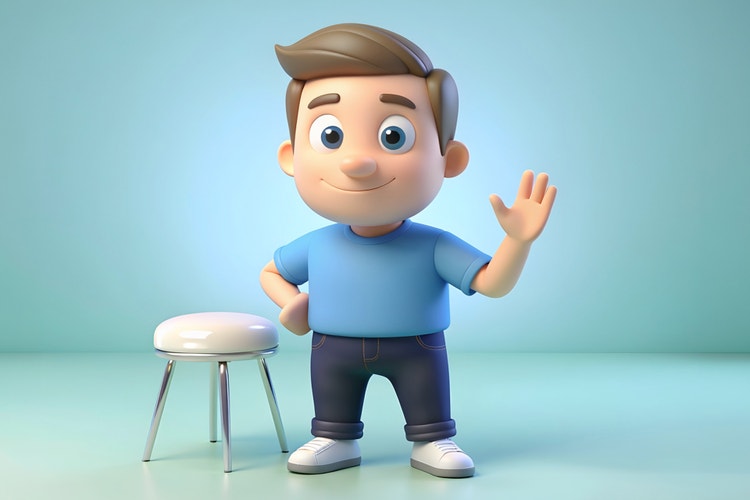 Illustration moderne en 3D d’un jeune garçon souriant qui est debout à côté d’un simple tabouret blanc et salue de la main. Il a les cheveux courts châtains, de grands yeux bleus, et porte un t-shirt bleu clair, un pantalon sombre et des baskets blanches. L’éclairage doux, les textures lisses et la profondeur subtile confèrent un aspect soigné à cette image de synthèse sur un fond minimaliste en dégradé de bleu.