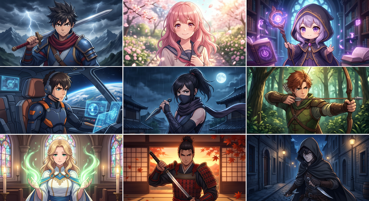 Neuf personnages d’anime différents présentés en écrans divisés