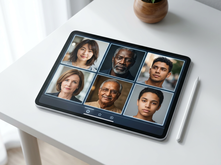 Grille&nbsp;2x3 de portraits humains photoréalistes sur un écran, illustrant la rapidité et la diversité des résultats produits par le générateur de visages par&nbsp;IA d’Adobe Firefly