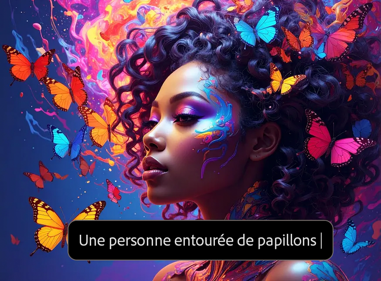 Image d’une personne entourée de papillons multicolores générée par l’IA, avec incrustation du prompt utilisé