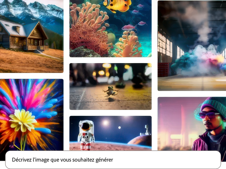 Interface de la galerie affichant sept peintures digitales de différents styles, avec le prompt utilisé en incrustation