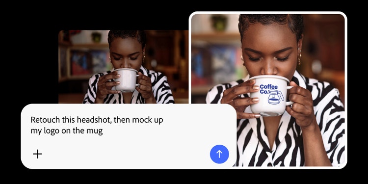 A before and after image of a woman drinking from a coffee cup shows how Firefly AI Assistant can retouch photos and add logos to objects like a mug.