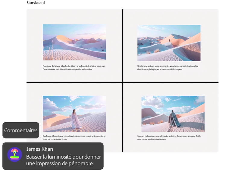 Scène composée de quatre panneaux comportant des silhouettes qui se tiennent sur des dunes de sable au milieu du désert, avec un commentaire incrusté évoquant la facilité avec laquelle il est possible de recevoir des avis et de collaborer dans Firefly Boards