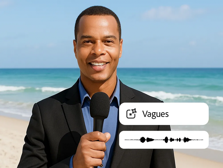 Homme tenant un micro face à l’océan, avec une interface audio affichant une onde sonore et l’indication « Vague de l'océan »​