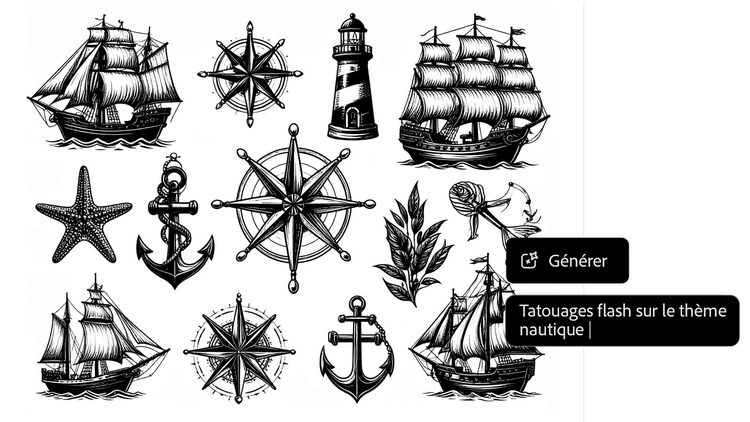 Planche de croquis de tatouage marins représentant des navires, des ancres et des boussoles, avec incrustation du prompt utilisé