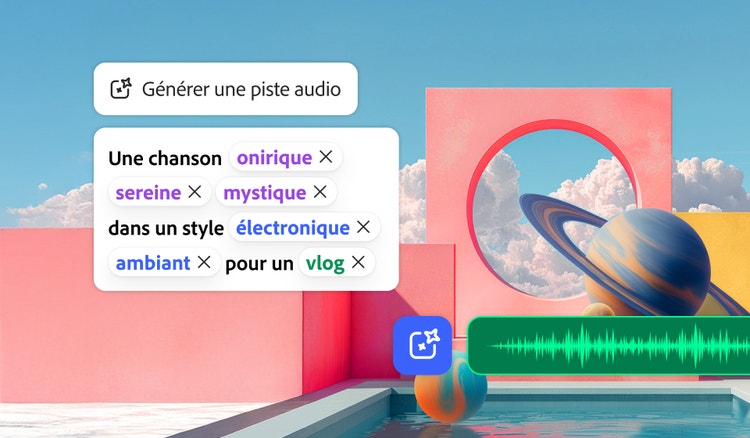 Scène surréaliste aux tons pastel comportant des formes géométriques, des nuages et une planète annelée, avec en incrustation une interface de génération de musique affichant des balises de prompt et l'aperçu d'une forme d'onde audio