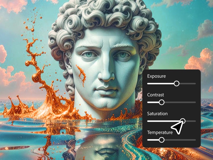 https://main--da-cc--adobecom.aem.page/cc-shared/assets/products/firefly/features/ai-video-editor/media_17799b8320d58472801d94f0faef660d3ea0ceac3.mp4 | Tête de statue classique émergeant d’un liquide, avec un panneau de réglage de l’exposition, du contraste, de la saturation et de la température