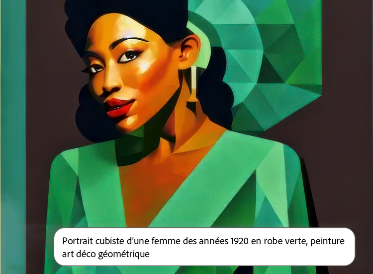 Peinture digitale générée par l’IA représentant une femme en veste verte, avec le prompt utilisé en incrustation