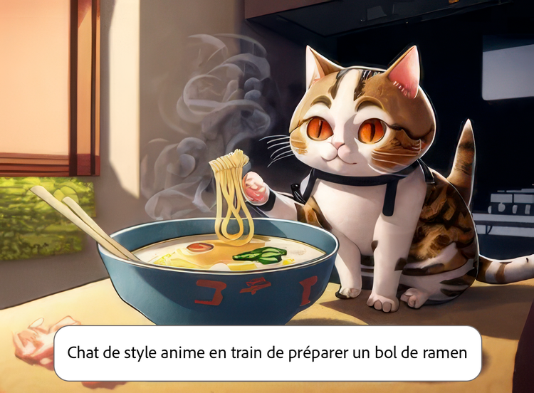 Illustration 3D générée par l’IA représentant un chat de style anime en train de préparer un bol de ramen, avec le prompt utilisé en incrustation