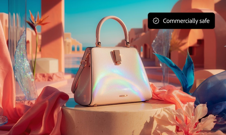Interface de Firefly présentant un sac à main de luxe dans une mise en scène de produit stylisée avec des tissus colorés et des éléments architecturaux. Le libellé «&nbsp;Adapté à un usage commercial&nbsp;» indique que le contenu peut être utilisé dans des projets de création professionnels sans aucun risque.