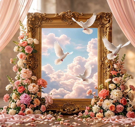Cadre doré montrant des colombes dans un ciel nuageux, et entouré de fleurs roses et de tissu rose drapé
