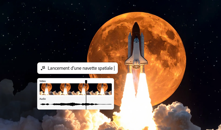 Illustration d’une fusée décollant vers l’espace avec des flammes vives et de la fumée ainsi qu’une fenêtre de montage vidéo et une forme d’onde audio, suggérant l’utilisation d’un générateur d’effets sonores