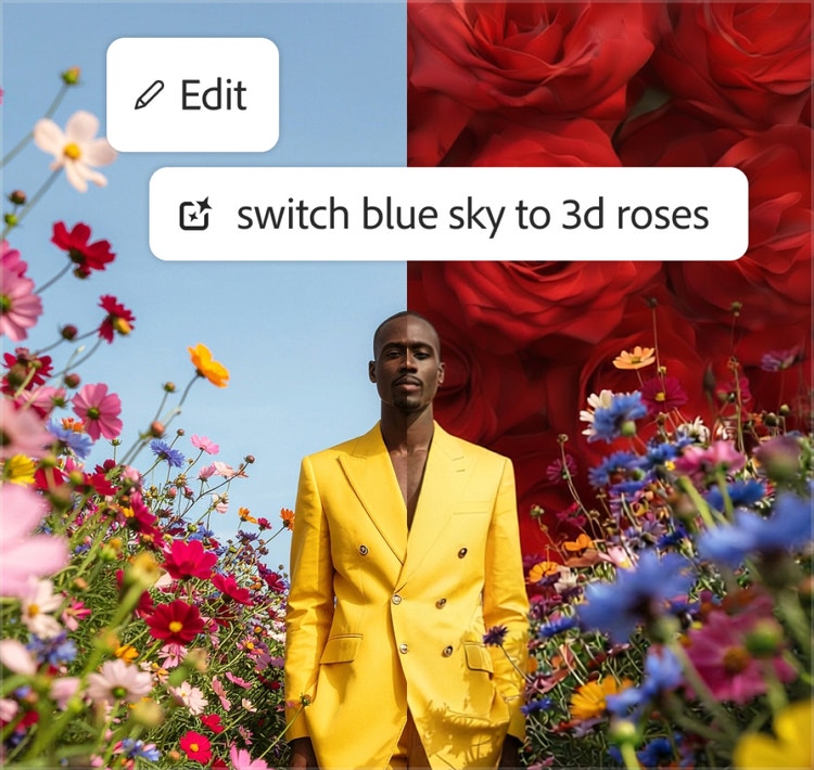 Image représentant un homme en costume jaune dans un champ de fleurs sous un ciel bleu. Le ciel est remplacé par des roses en gros plan.