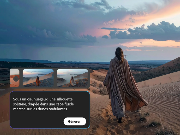 Prompt d'une silhouette solitaire, drapée dans une cape flottante, contemple un vaste paysage vallonné sous un ciel nuageux, avec une brume mystérieuse à l’horizon.