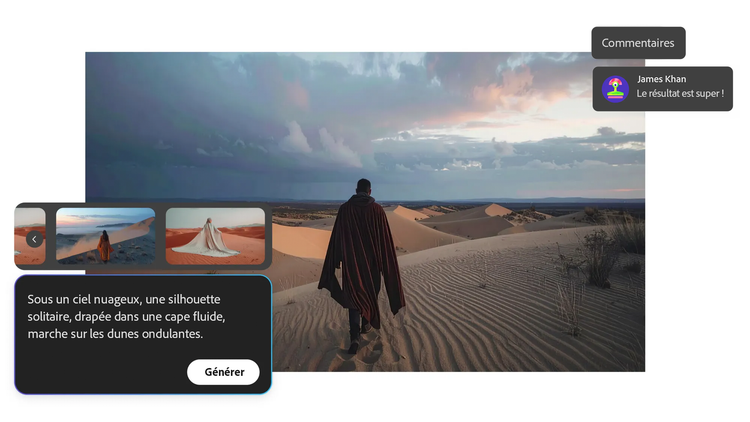 Prompt d'une silhouette solitaire, drapée dans une cape flottante, contemple un vaste paysage vallonné sous un ciel nuageux, avec une brume mystérieuse à l’horizon.