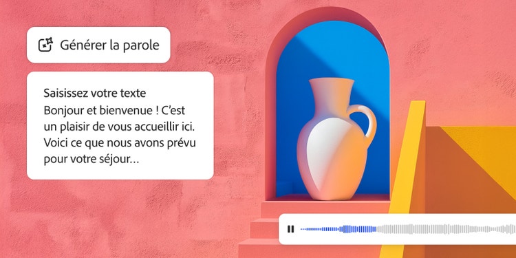 Interface digitale de génération vocale, avec une zone de texte affichant un message de bienvenue, une icône « Générer la parole » et une forme d’onde sous l’illustration d’un vase blanc dans une niche bleue en forme d’arche