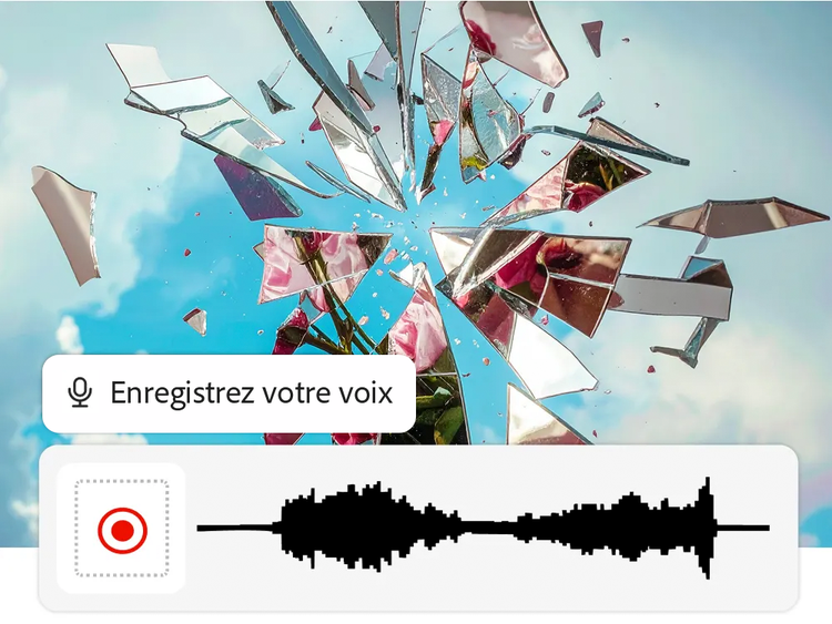 Visuel de verre brisé volant vers l’extérieur, révélant des fleurs roses et un ciel bleu. Une interface d’enregistrement vocal est affichée en dessous avec une forme d’onde suggérant l’utilisation d’un générateur d’effets sonores pour capturer ou simuler le son du verre qui se brise.