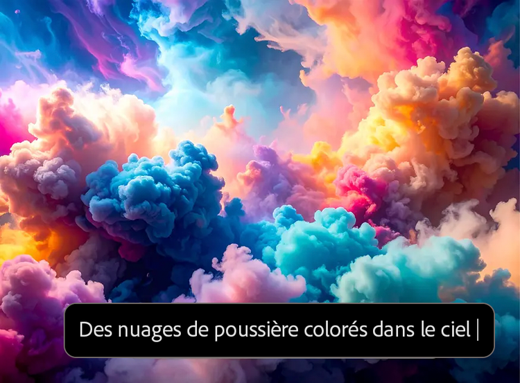Image de nuages de poussière colorés dans un ciel éclatant générée par l’IA, avec incrustation du prompt utilisé