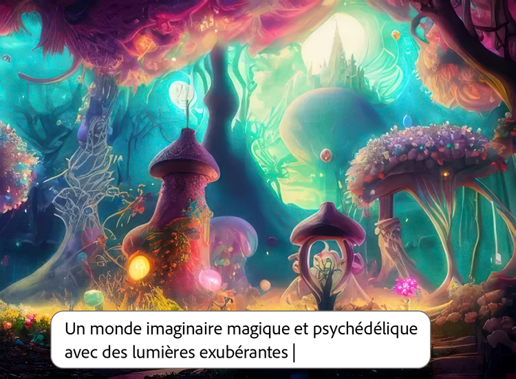 Illustration générée par l’IA représentant un champignon fantaisiste et psychédélique dans une forêt, avec un éclairage spectaculaire et le prompt en incrustation