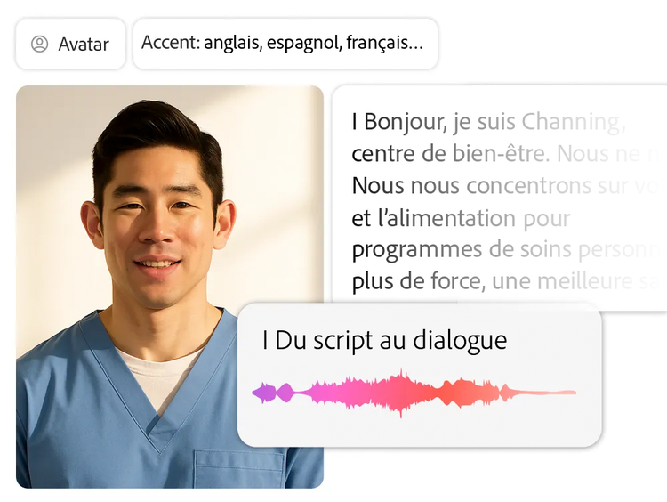 Avatar numérique d’un professionnel de santé, avec une interface « Du script au dialogue » et une onde audio visible.